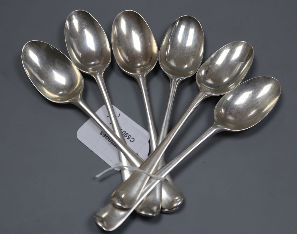 A set of six late George II silver Old English pattern dessert spoons, Ebenezer Coker, London, 1756, 8oz.